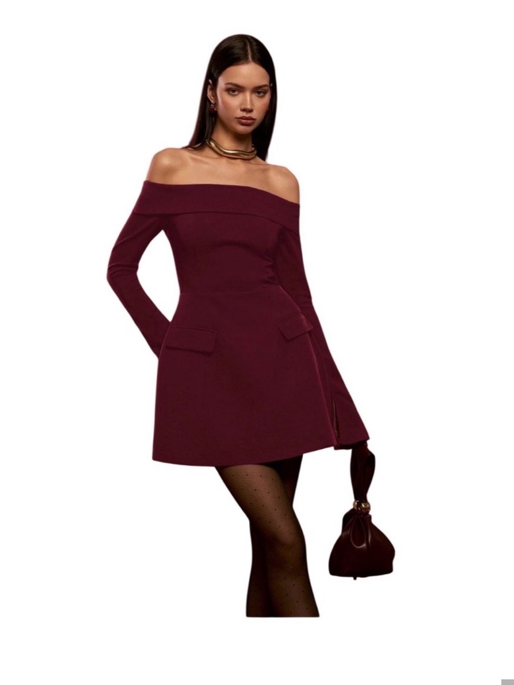 Commense Off-Shoulder Mini Dress in Burgundy
